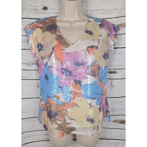 Elie Tahari Sequin Floral Multi Color Top XS NEW V-Neck Rainbow Womens Cap Slv